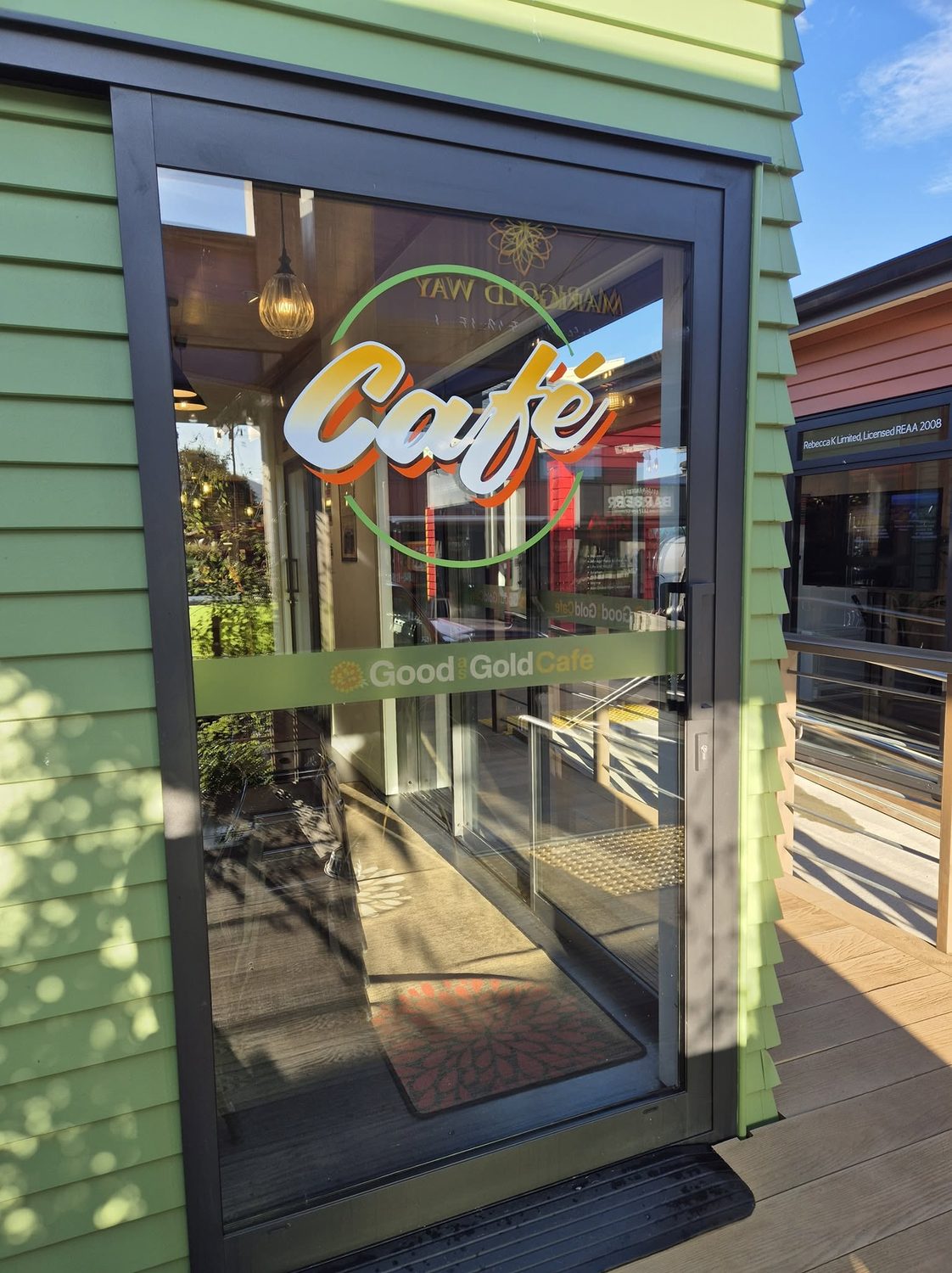 The Good as Gold Cafe entrance in Takaka